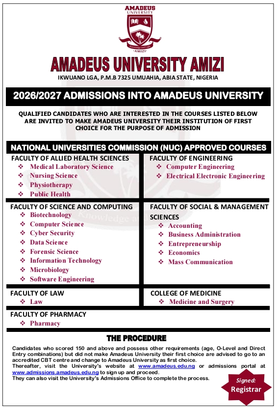 Amadeus University Invites 2026 UTME Candidates to Apply, Announces Opportunity for Change of First-Choice Institution
